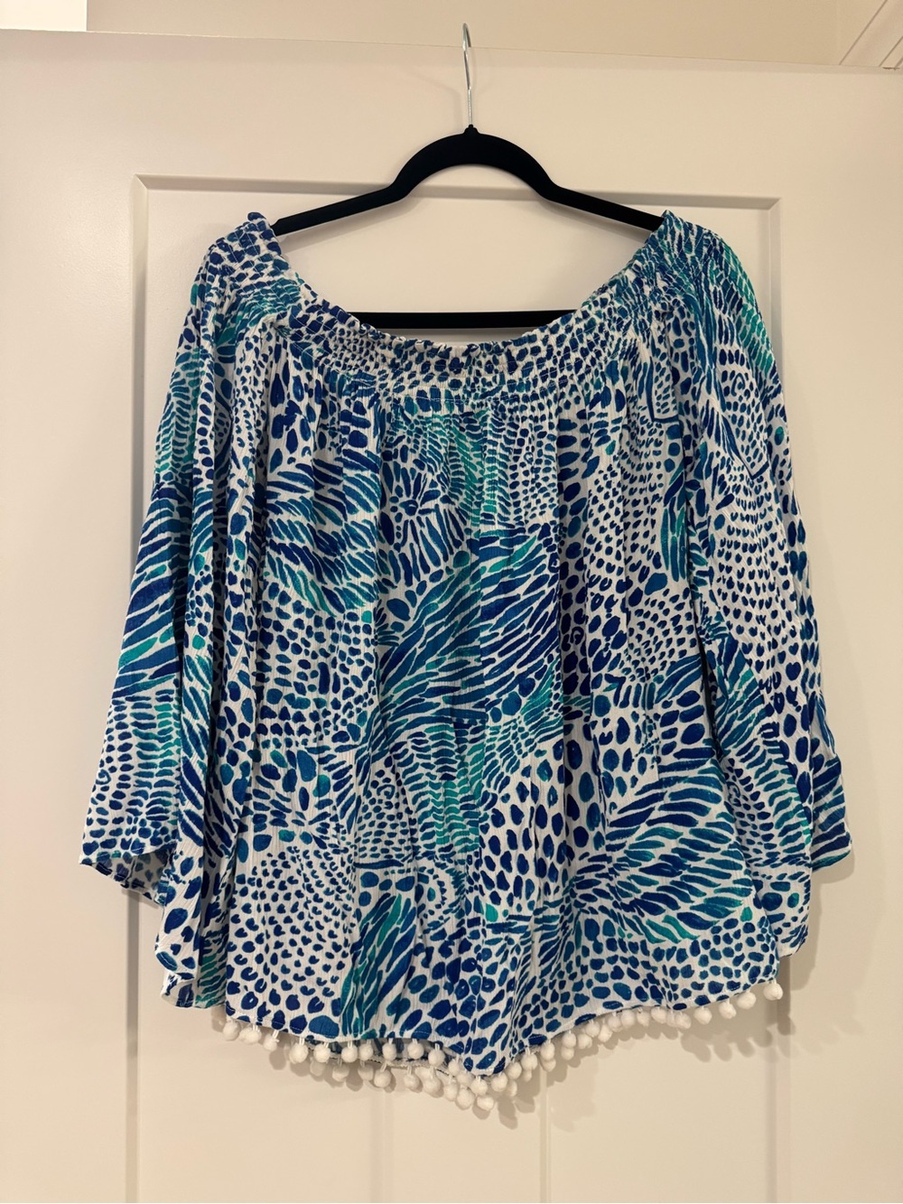 Lilly Pulitzer Blue & Teal Off-Shoulder Pom-Pom Tunic